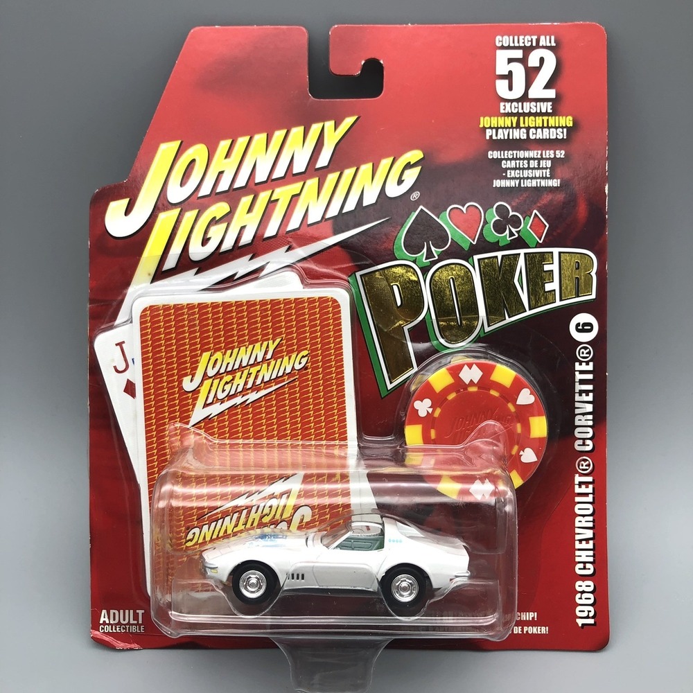 Johnny Lightning Poker 1968 Chevrolet Corvette White Diecast 1/64 w/ Poker Chip